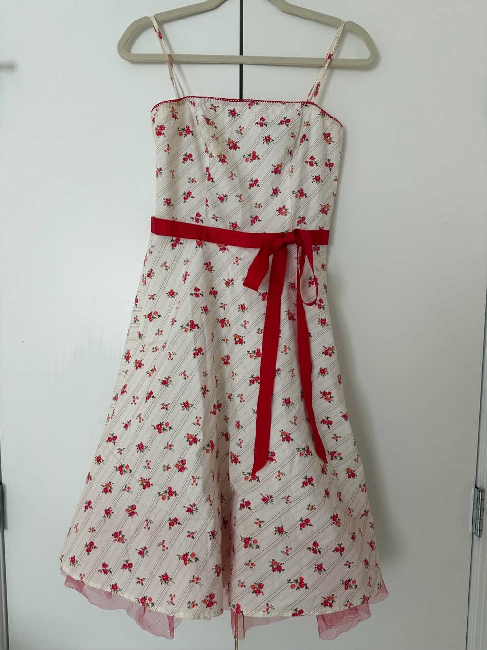 Rampage White Dress with Red Floral Print and Red Ribbon